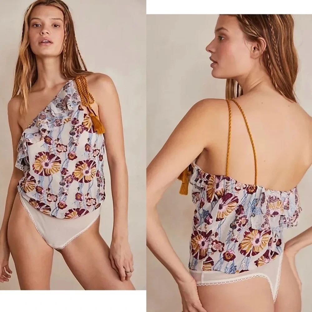 Free People Intimately Day Date one Shoulder floral embroidered bodysuit L NWT